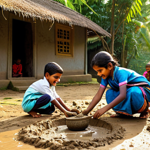Home 7 Nostalgic Childhood Games**
"A group of children, fully clothed in traditional Bengali attire, playing traditional games in a rural village setting. The scene includes elements of: making mud toys, collecting leaves, and playing hide-and-seek. Warm sunlight, happy expressions, safe for work, appropriate content, family-friendly, perfect anatomy, correct proportions, well-formed hands, natural pose, professional."
**