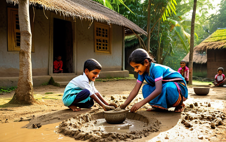 Nostalgic Childhood Games**

"A group of children, fully clothed in traditional Bengali attire, playing traditional games in a rural village setting. The scene includes elements of: making mud toys, collecting leaves, and playing hide-and-seek. Warm sunlight, happy expressions, safe for work, appropriate content, family-friendly, perfect anatomy, correct proportions, well-formed hands, natural pose, professional."

**