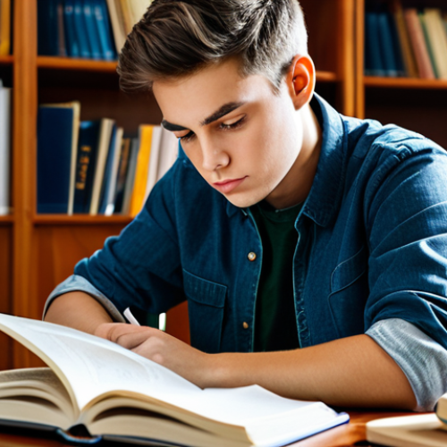 Home 5 문해력 향상 전략 - Focused Student**
"A student, fully clothed in casual wear, sitting at a desk with books and notes,...