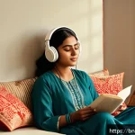 음악 감상 지도법 - A serene indoor setting with a young Bengali woman sitting comfortably on a cushioned sofa in a soft...
