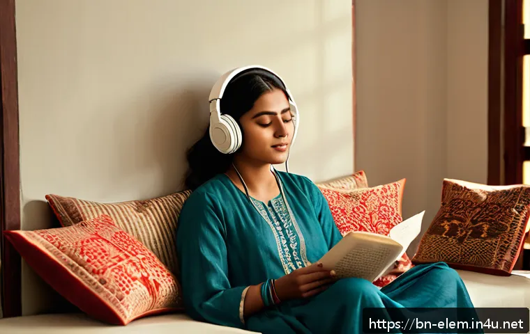 음악 감상 지도법 - A serene indoor setting with a young Bengali woman sitting comfortably on a cushioned sofa in a soft...