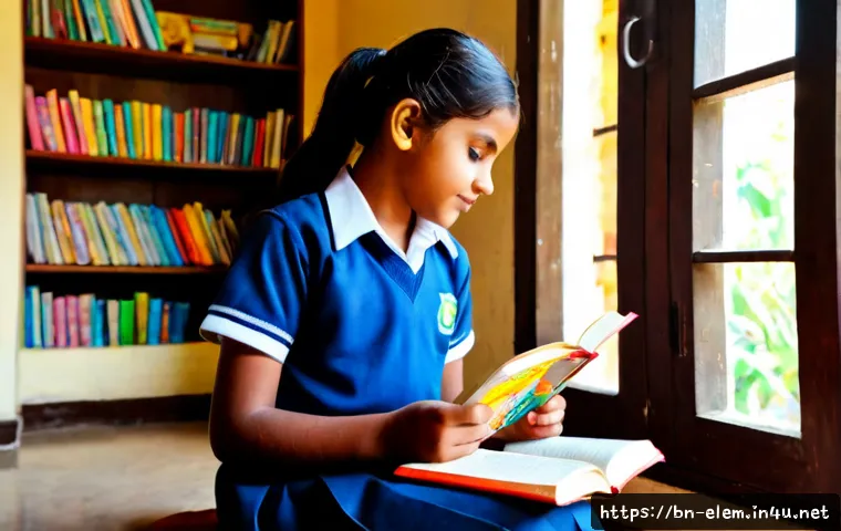 초등학교 독서 습관 형성 - Photorealistic Bangladeshi primary school child in a neat school uniform, sitting comfortably beside...